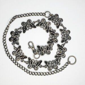 Butterfly Link Chain Belt Silvertone Black Rhinestones Whimsey Goth 25 1/2"- 40"